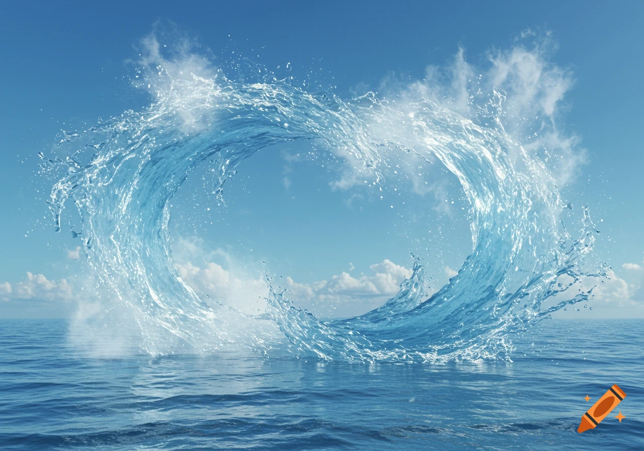 A large, dynamic circle of splashing blue water forms an arch over a calm ocean under a clear blue sky with white clouds, photorealistic.