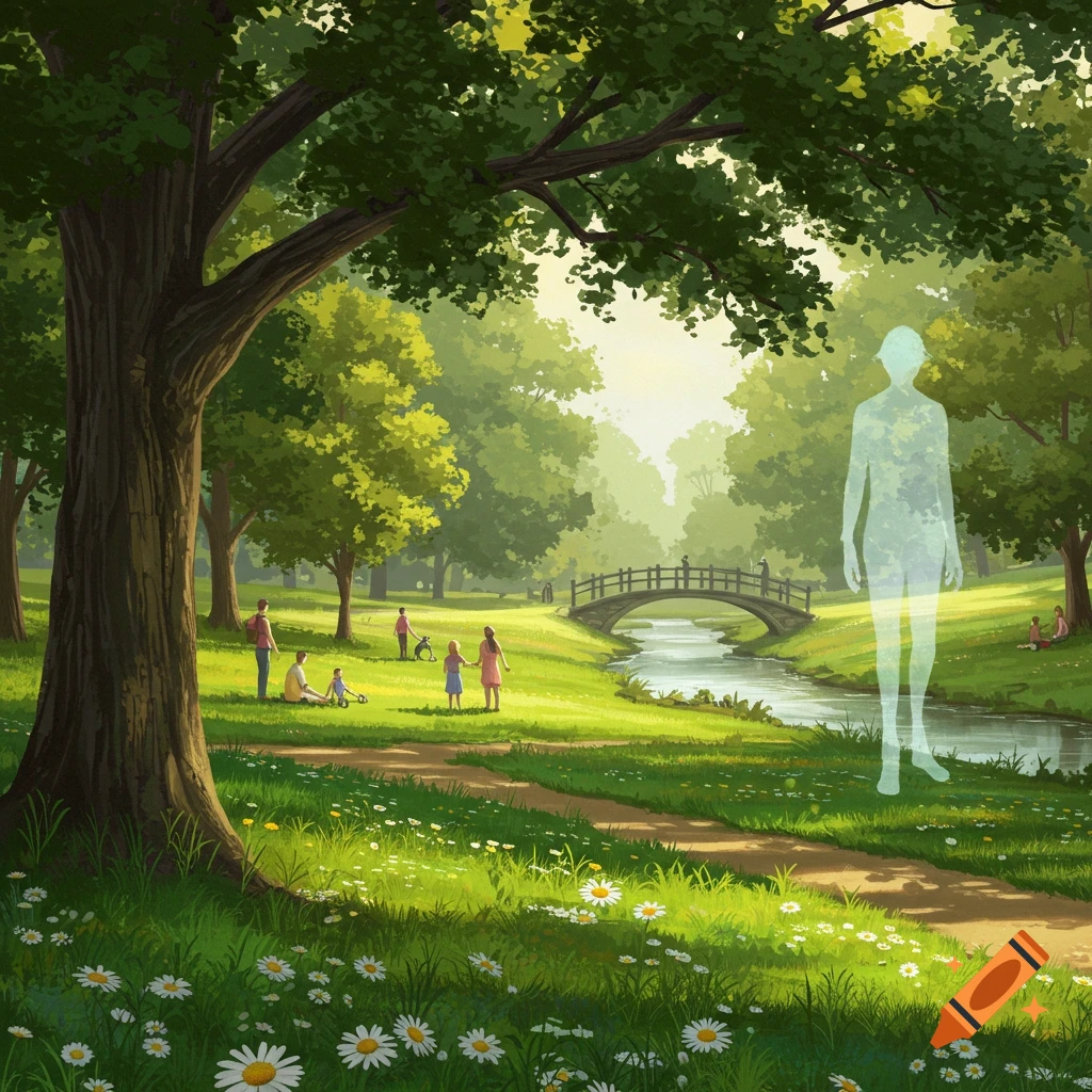 A digital painting of a serene park with a stream, a bridge, and people, with a translucent ghost figure standing on the grass.