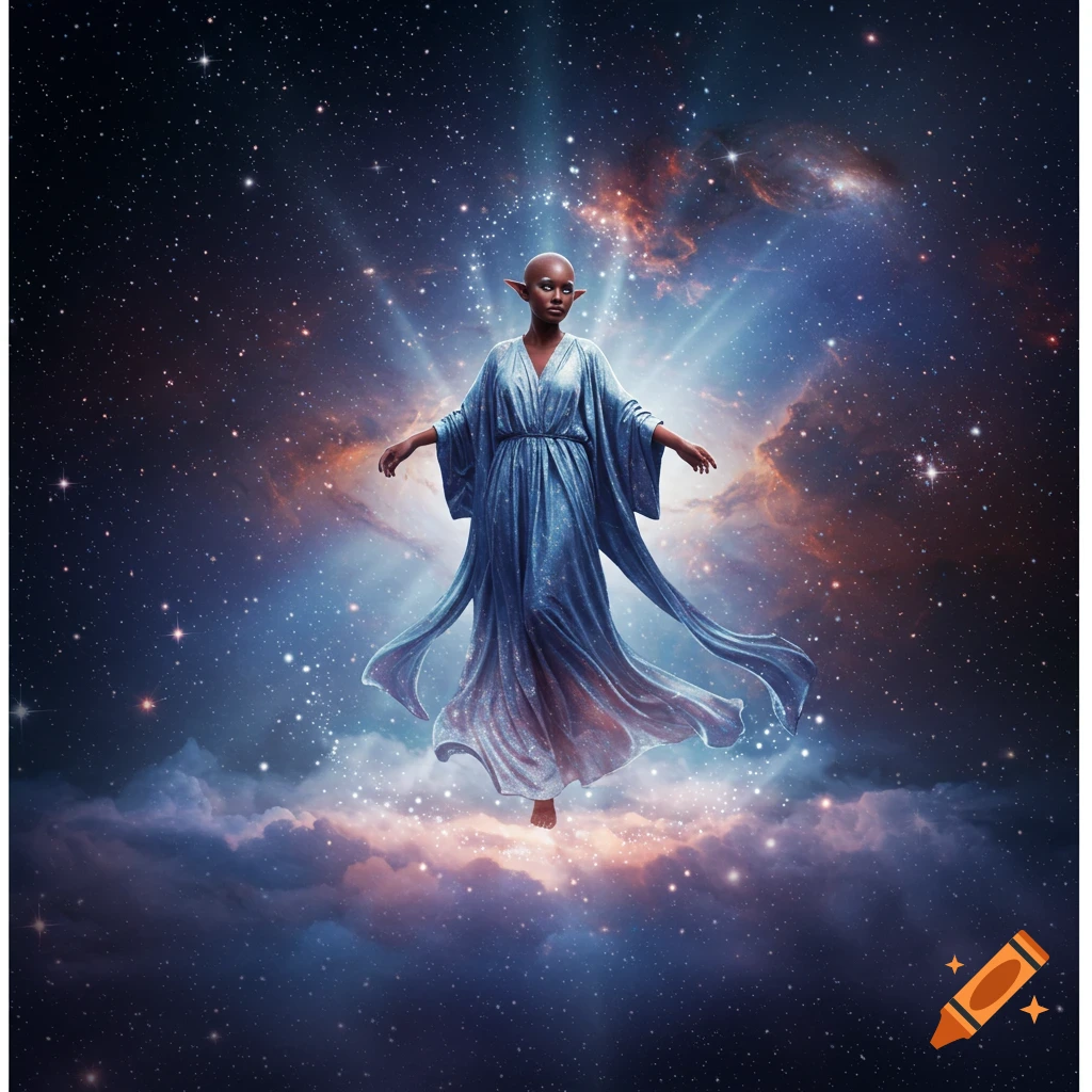 A bald figure with dark skin and pointy ears, wearing a flowing blue dress, floats among stars, nebulae, and glowing clouds in space.