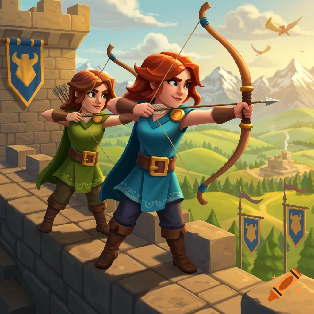 Two cartoonish girl archers in fantasy attire stand on a castle wall, aiming their bows with a mountainous landscape in the background, in a game art style.
