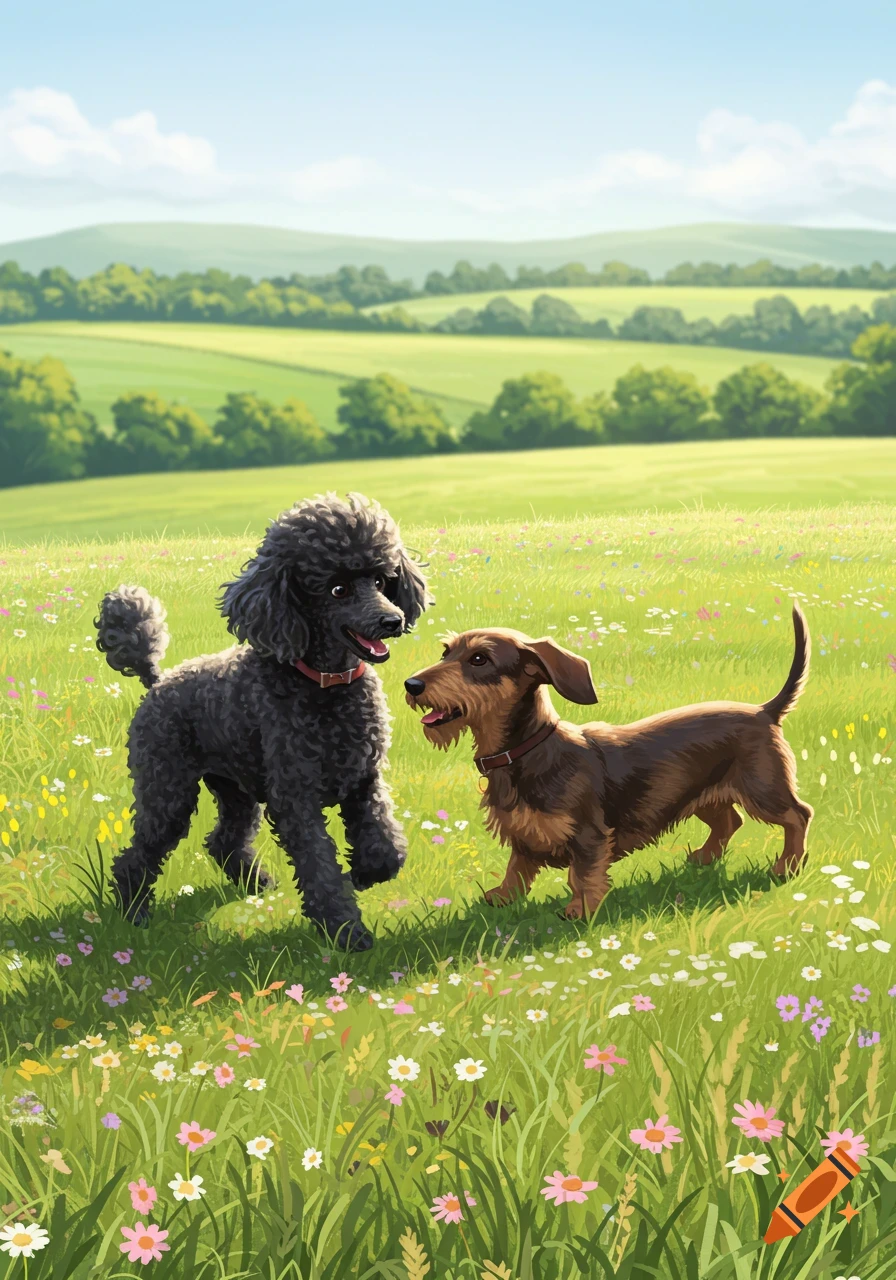 A black poodle and a brown wire-haired dachshund frolic in a vibrant green meadow with wildflowers under a clear blue sky, illustrated.