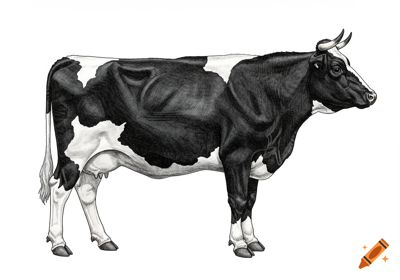 A detailed black and white illustration of an old German dairy cow with horns, standing in side profile on a white background.