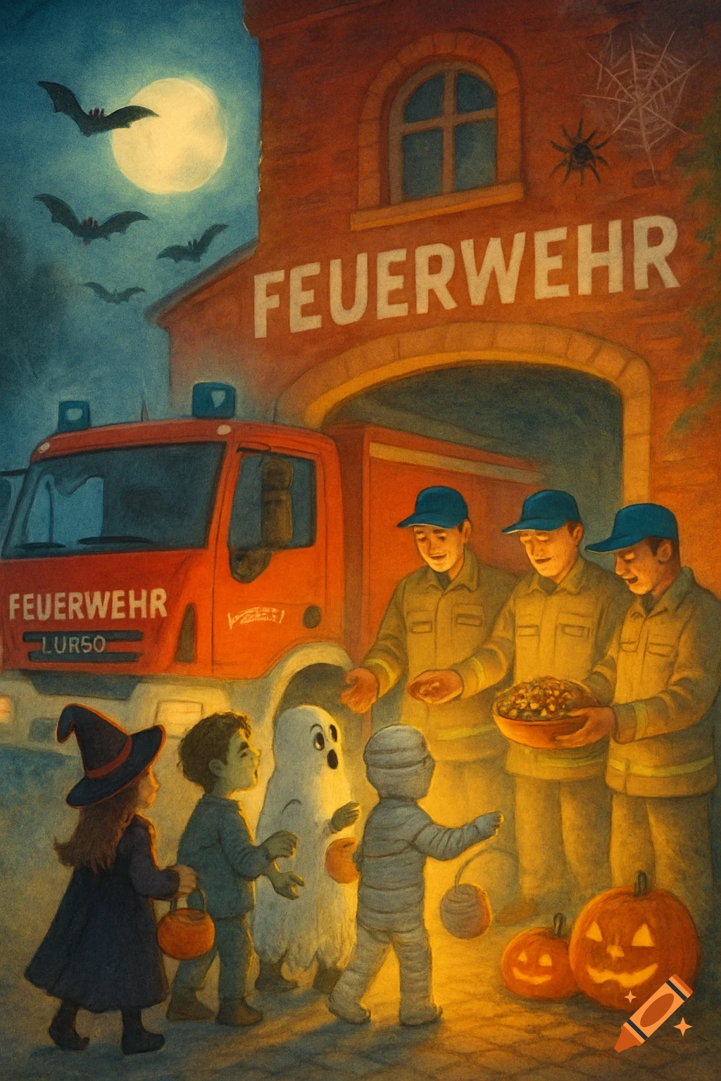 Ghibli-style painting of children in Halloween costumes trick-or-treating at a fire station with firefighters giving out candy, under a full moon with bats.