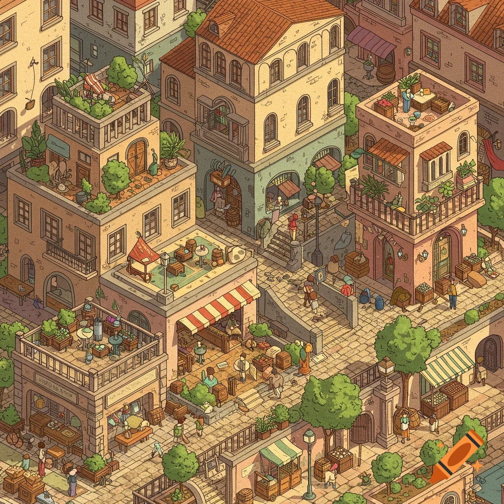 An isometric illustration of a bustling European-style town with shops, cafes, houses with terraced gardens, and people walking along cobbled streets.