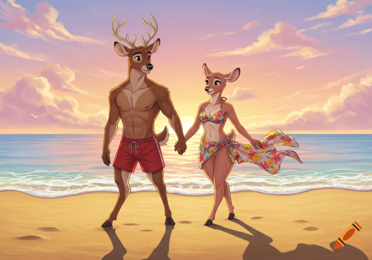 An anthropomorphic deer couple holding hands on a beach at sunset in a 2D Disney-style drawing.