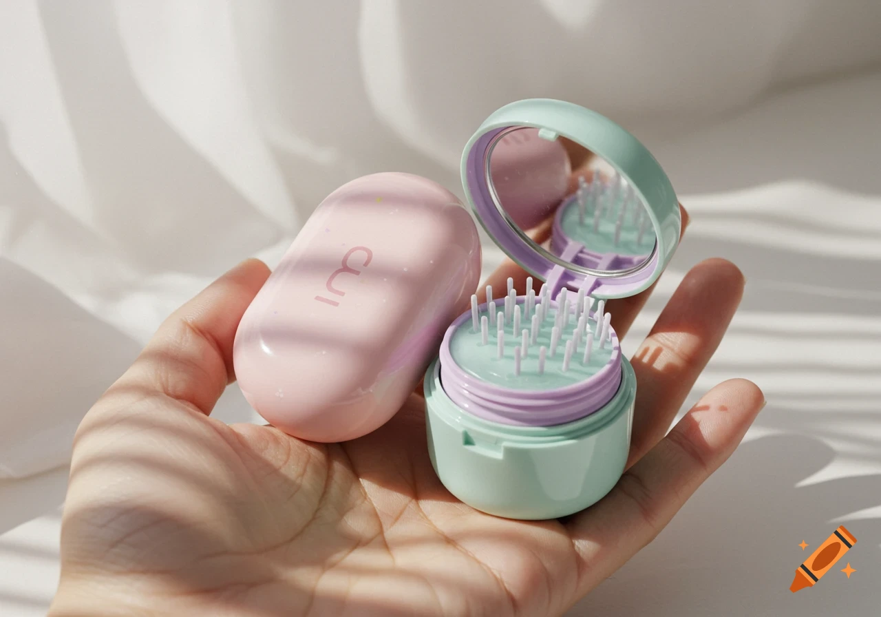 A hand holds a pink oval hair product and an open mint green hair gel container with a brush and mirror, photorealistic.