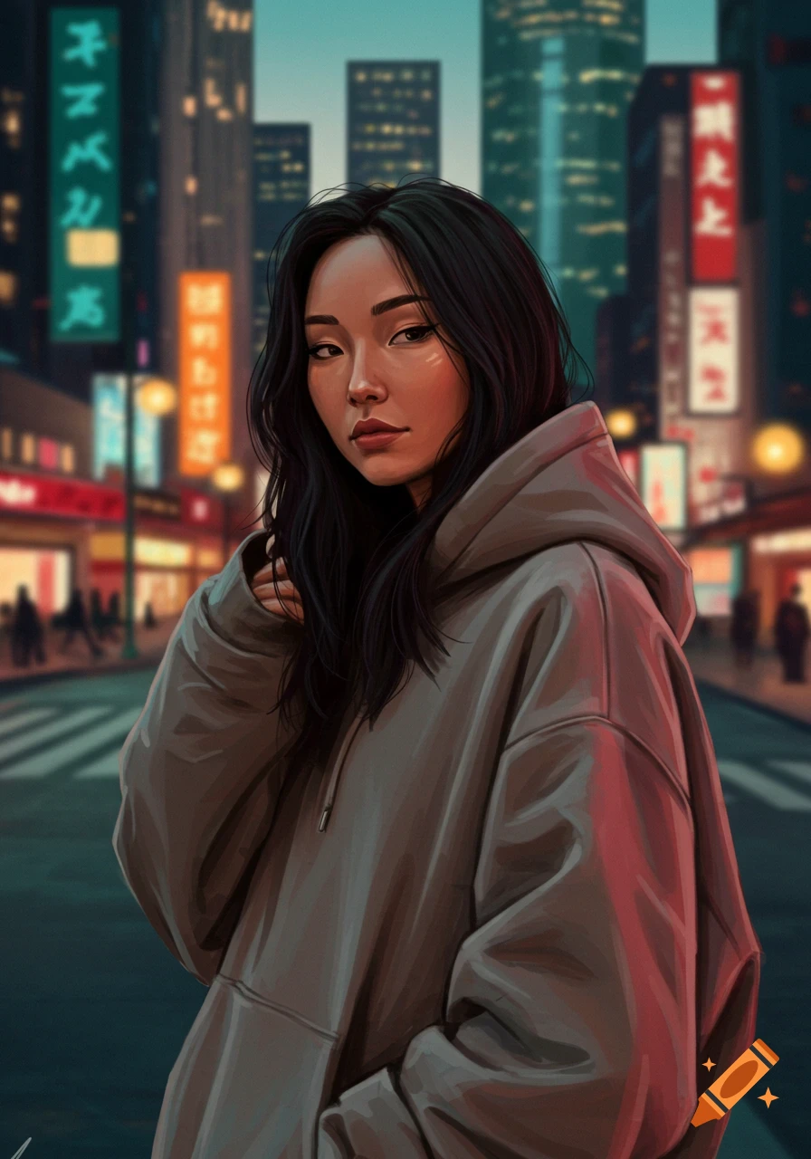 Digital art portrait of an Asian woman in a grey hoodie, standing on a city street at night with neon signs.