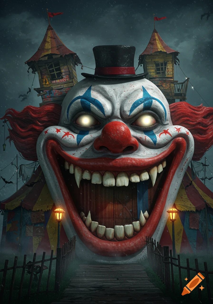 A terrifying, monstrous clown face with glowing eyes and sharp teeth forms the entrance to a haunted circus tent under a stormy sky.