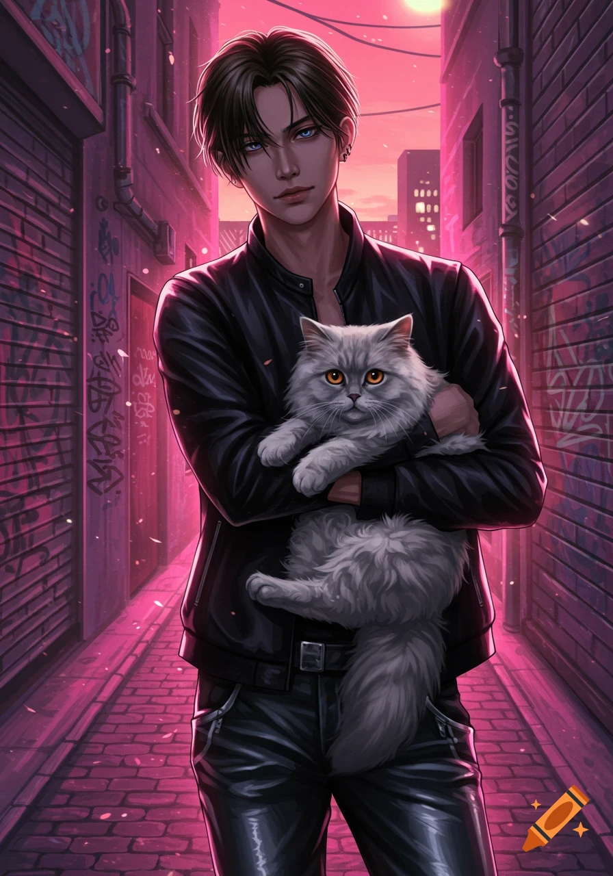 A dark-haired man in a leather jacket holds a fluffy grey cat in a neon pink-lit urban alley with graffiti walls in an anime style.