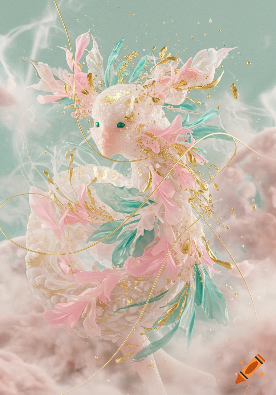 Ethereal white axolotl-like creature with green eyes, adorned with pink, teal, and gold petals, against a dreamy pastel background.