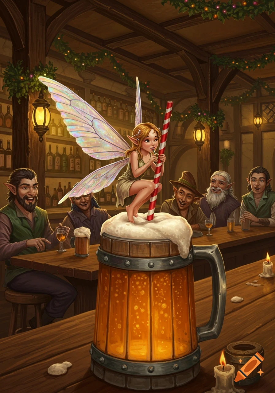 A tiny fairy with iridescent wings sits on a large tankard of foamy beer, drinking with a striped straw in a rustic fantasy tavern.