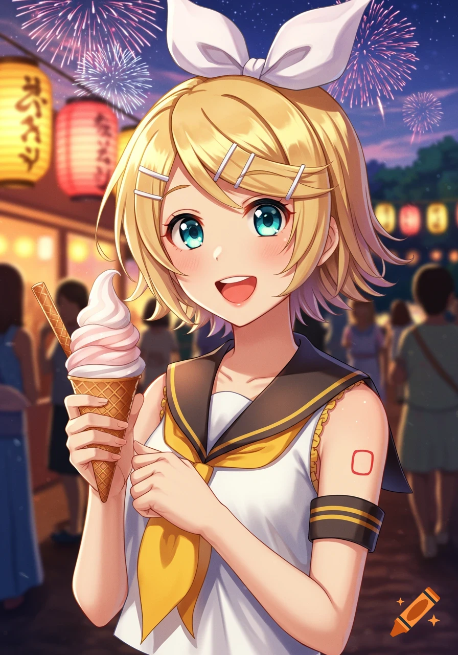 Smiling anime girl, Kagamine Rin, holding a pink ice cream cone at a vibrant summer festival with fireworks and lanterns.