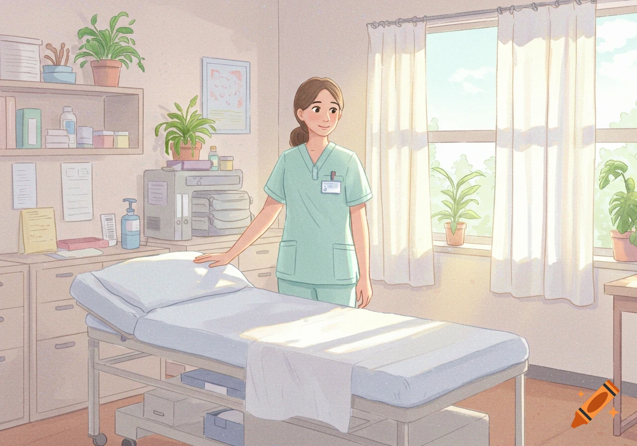 A smiling cartoon nurse in mint green scrubs stands next to an examination bed in a sunny medical office.