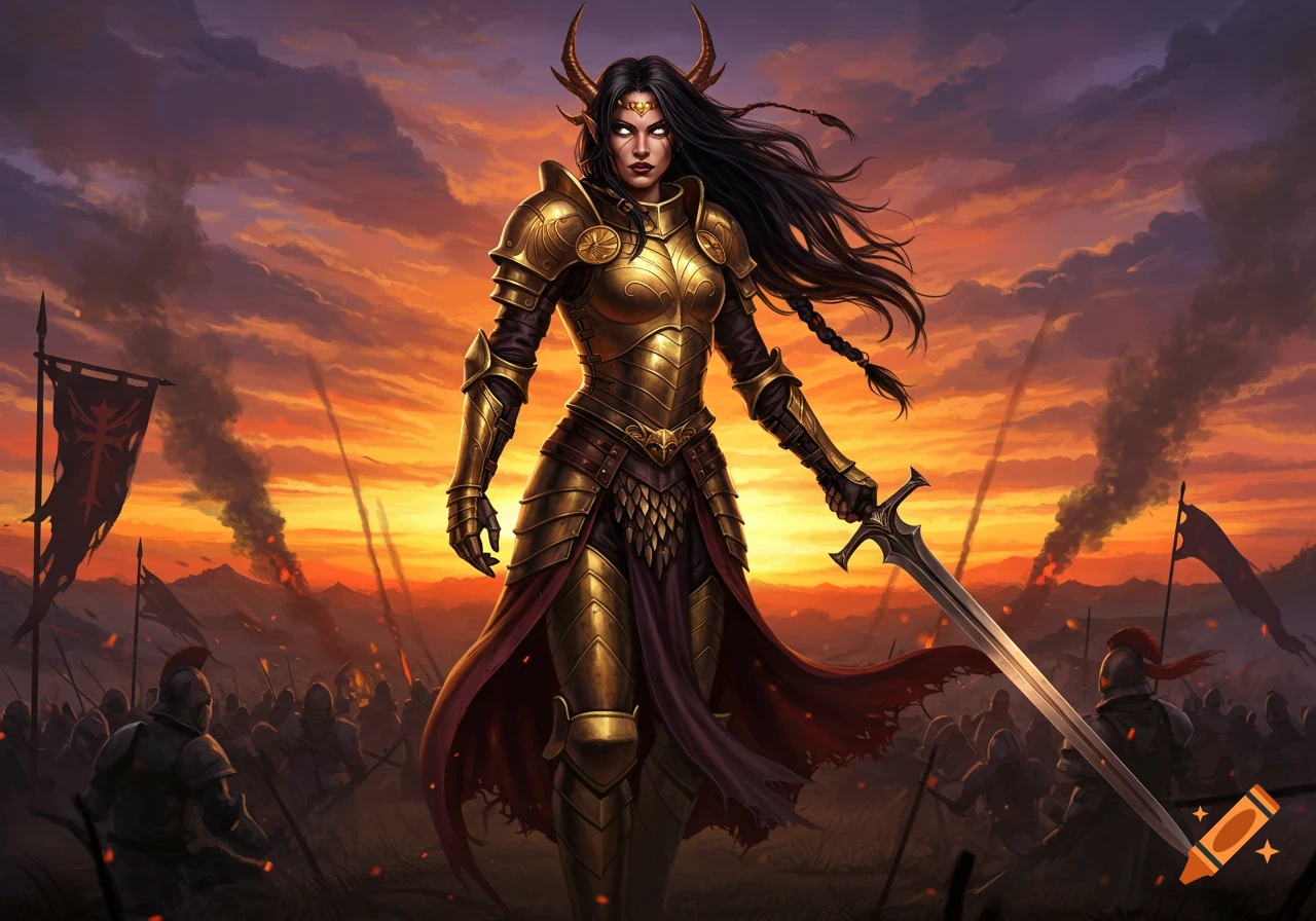 A powerful horned warrior goddess in golden armor holds a sword, standing on a battlefield with an army behind her, under a dramatic sunset sky.