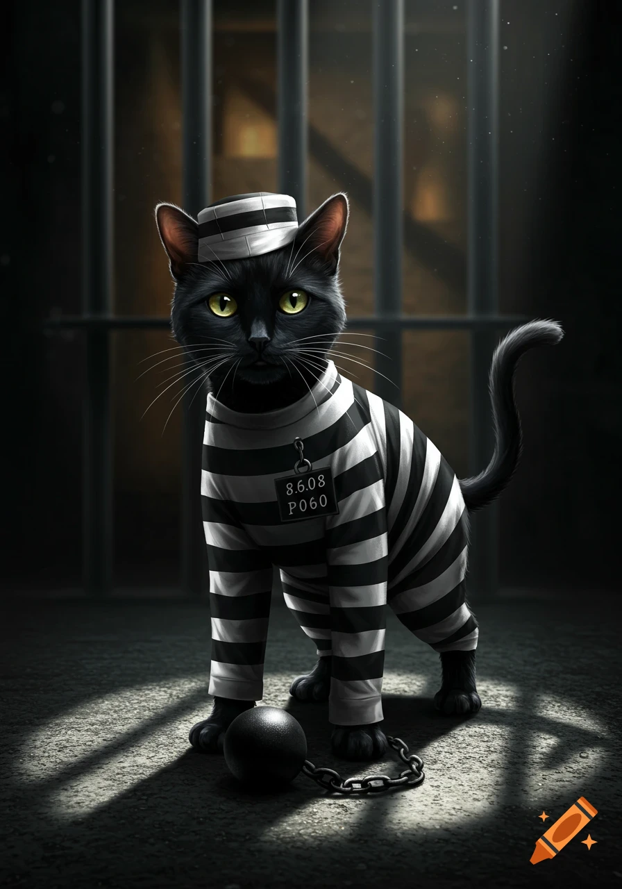 A black cat dressed in a striped prisoner jumpsuit and hat, with a ball and chain, sits in a dark prison cell.