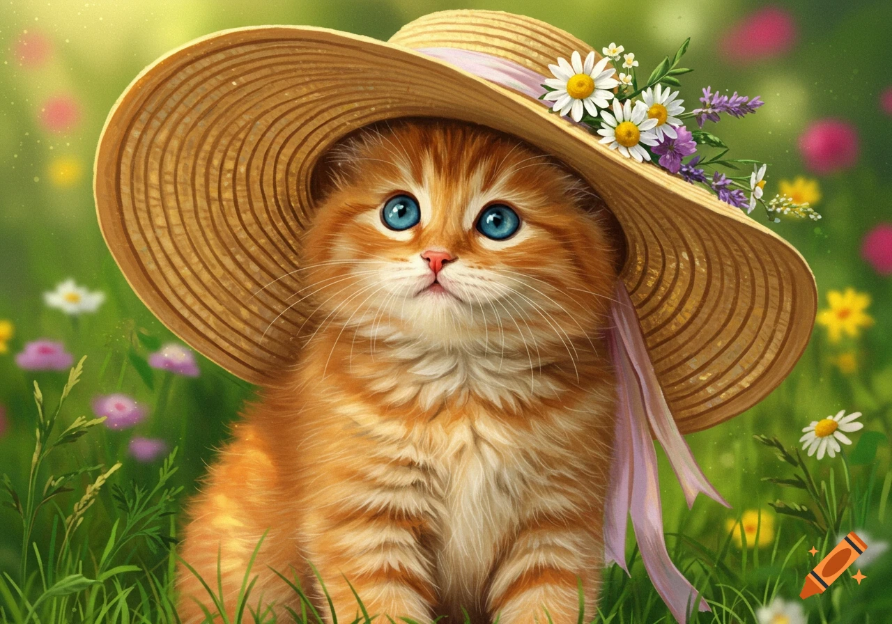 A cute orange kitten with big blue eyes wears a straw hat decorated with daisies and lavender, sitting in a field of green grass and colorful wildflowers.