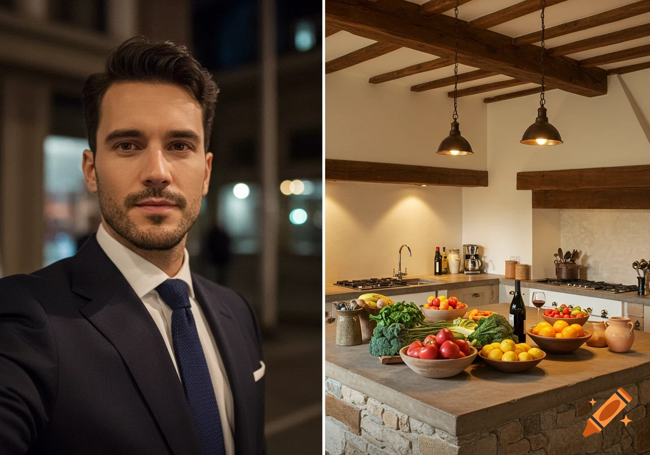 A diptych featuring a well-dressed man and a rustic kitchen counter filled with fresh fruits and vegetables.