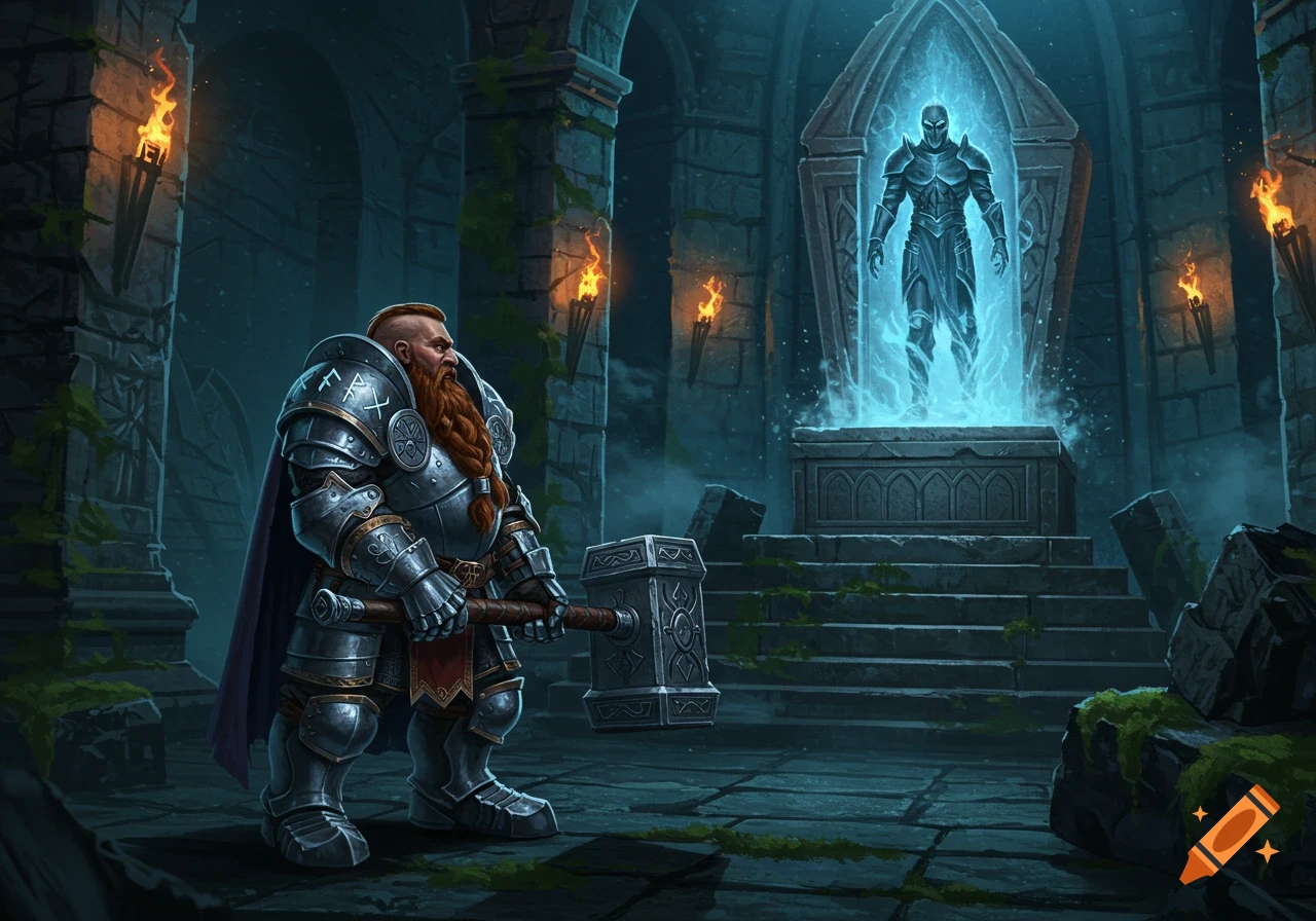 A dwarf paladin in full armor holds a hammer, watching a glowing armored figure rise from a coffin on a dais in a torch-lit crypt.