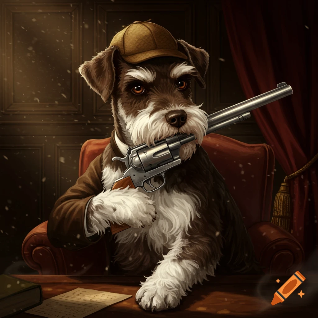 A stylized Schnauzer dog in a detective hat and jacket holds a revolver in its mouth, sitting at a desk.