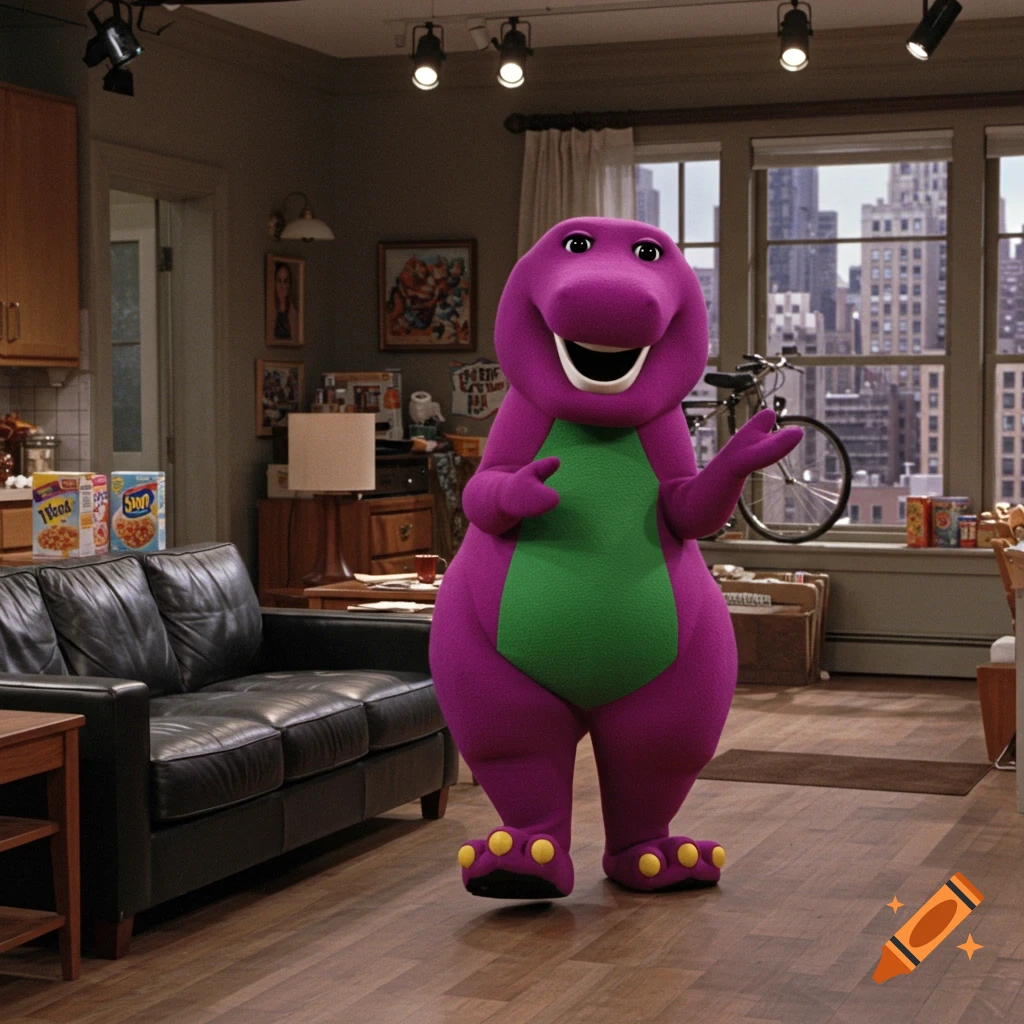 Barney the purple dinosaur smiling and walking into a realistic living room, resembling Jerry Seinfeld's apartment, with a kitchen in the background and city buildings visible through large windows.