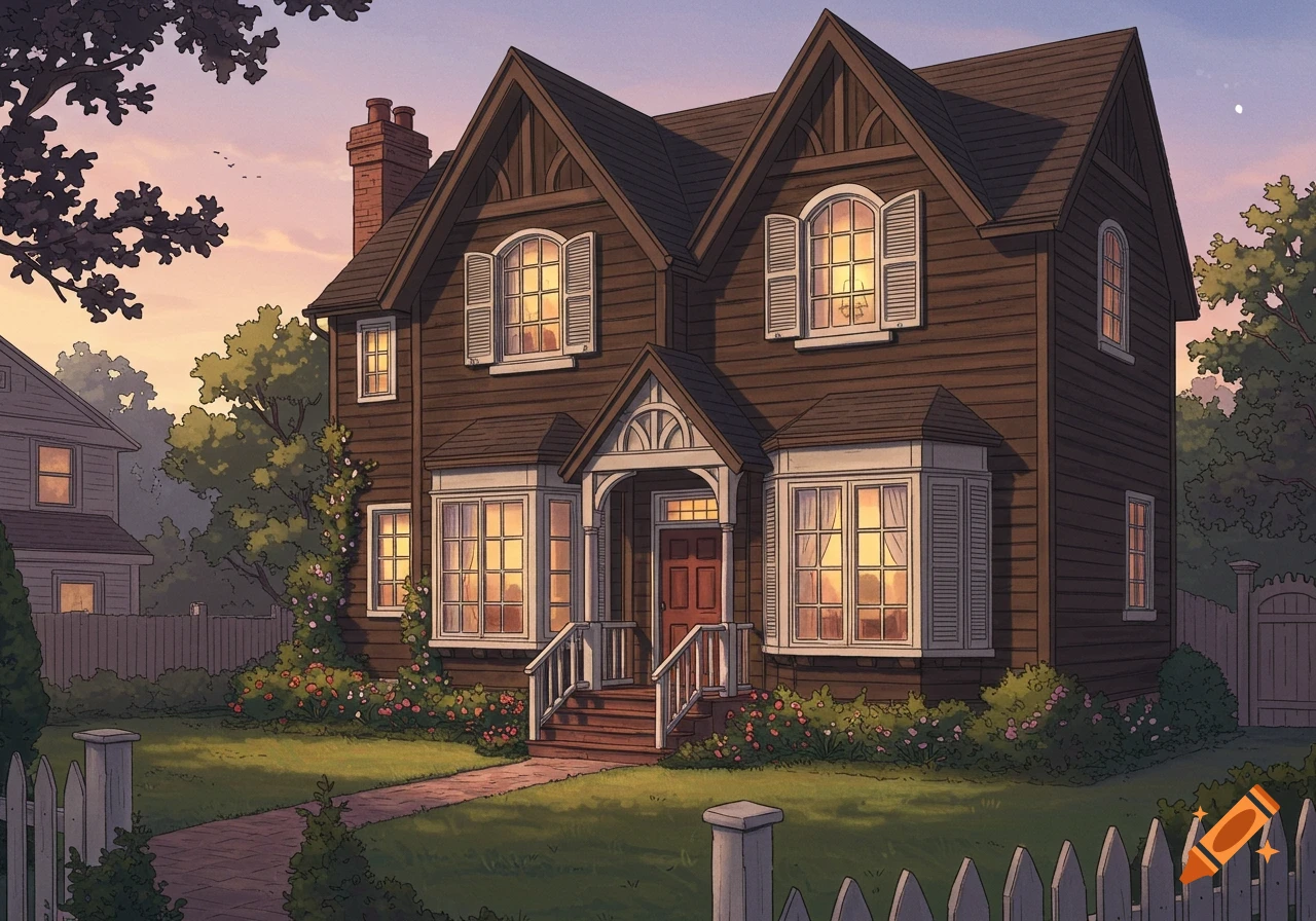 Illustrated brown house with glowing windows at dusk, a green lawn, flowers, and a white picket fence.