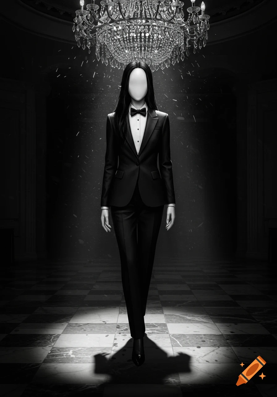 A faceless, long-haired figure in a sharp tuxedo stands on a checkered floor under a chandelier in a dark, atmospheric room.