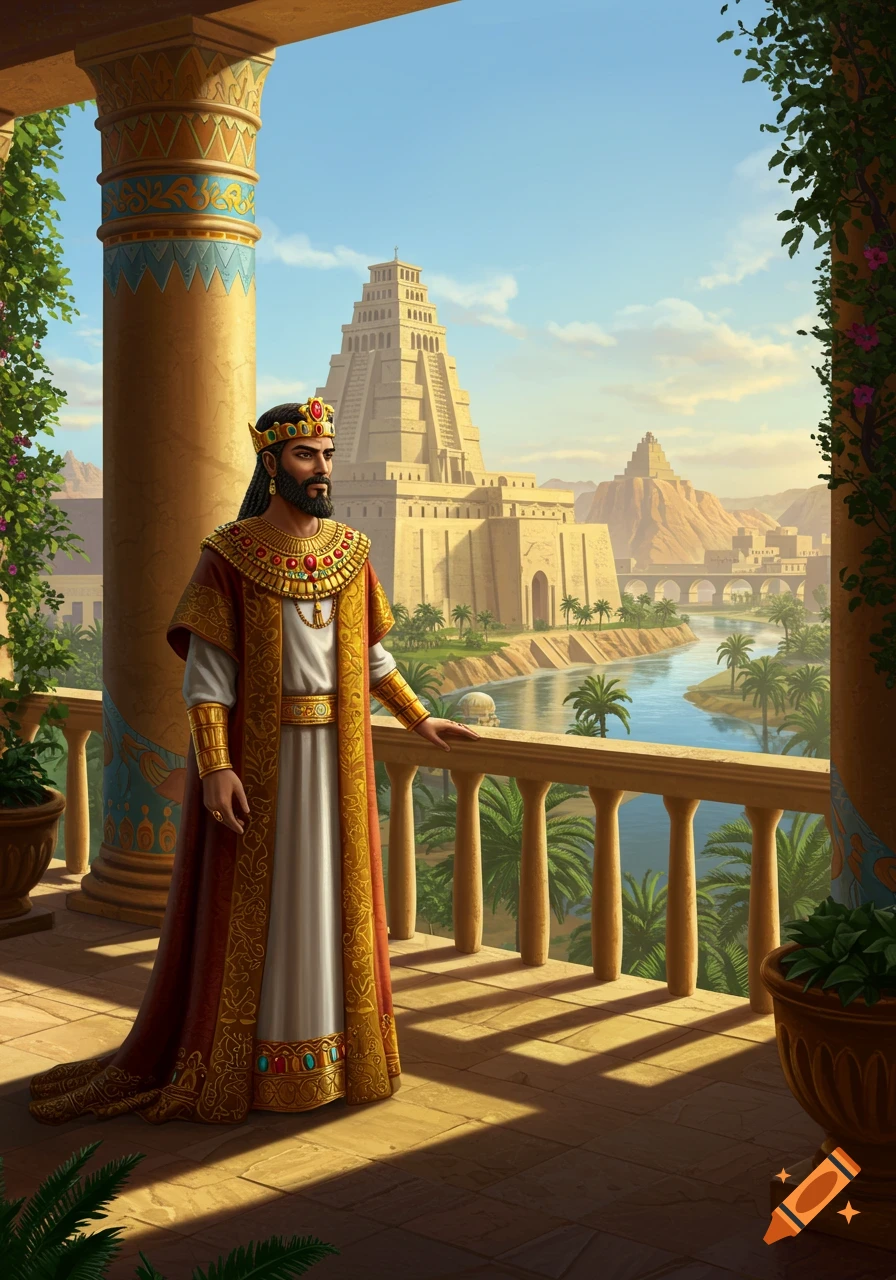 A regal king with a beard and crown stands on a balcony, overlooking an ancient city with towering ziggurats and a river.