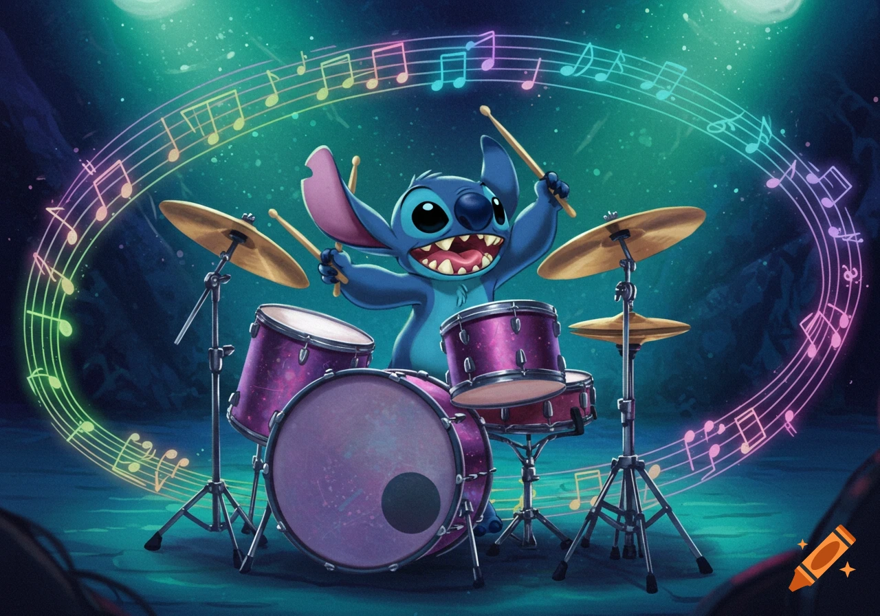 Stitch, the Disney character, happily plays a purple drum set surrounded by swirling colorful musical notes.