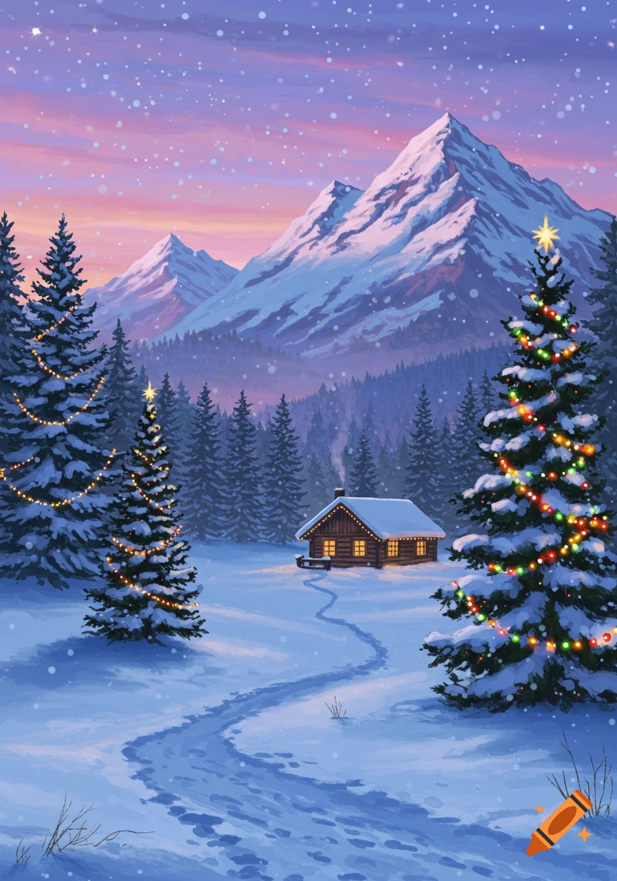 A snowy mountain landscape at twilight with a cozy cabin, evergreen trees, and colorful Christmas lights, in a painterly style.