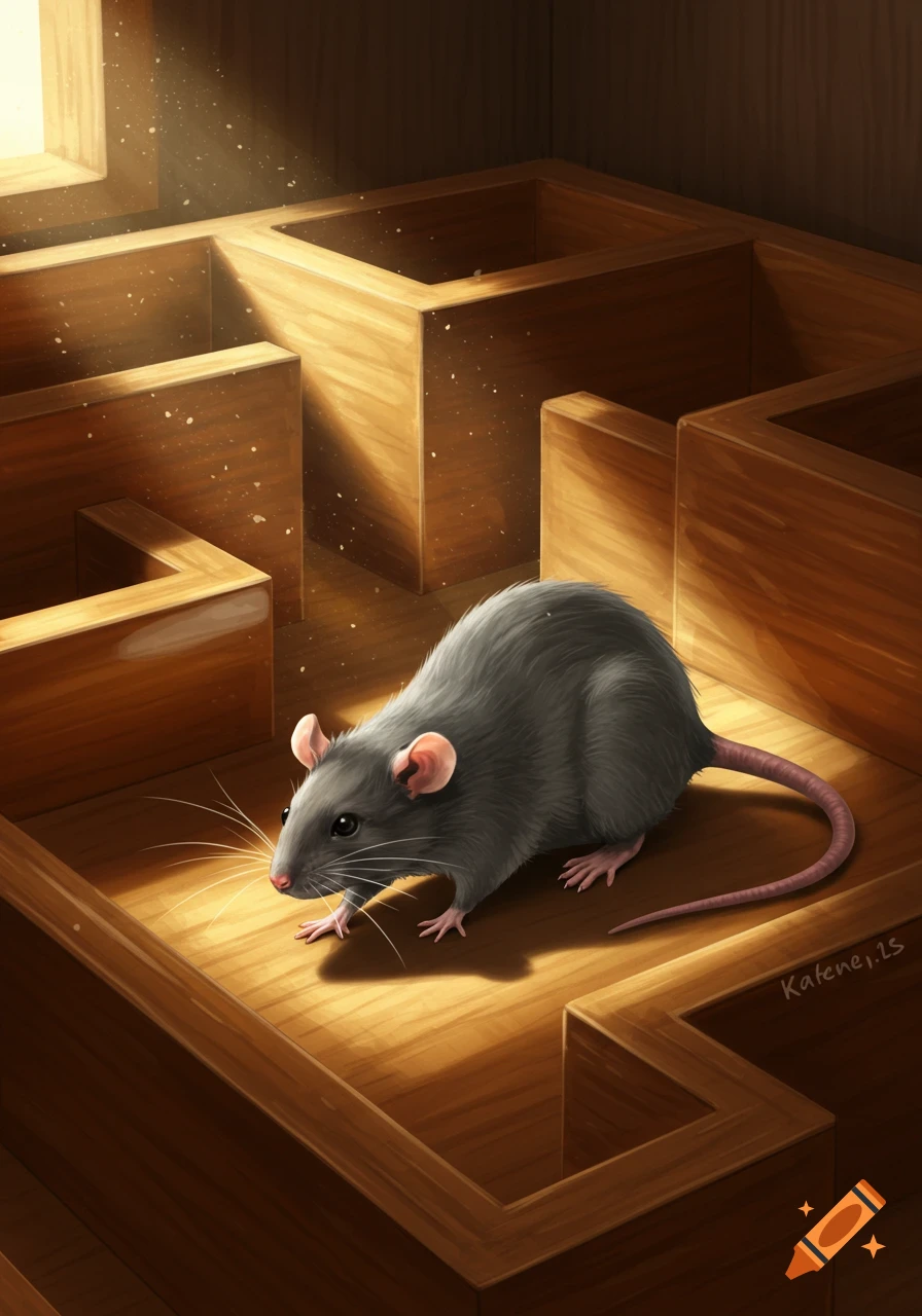 A grey rat with pink ears and nose walks through a sunlit wooden maze, rendered in an illustrative style.
