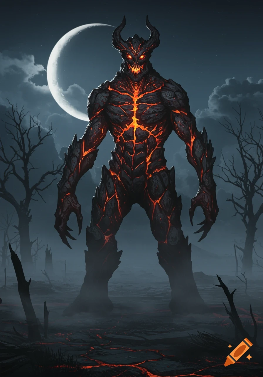 A formidable, muscular monster made of dark rock and glowing lava stands under a crescent moon in a desolate, dark landscape with bare trees.