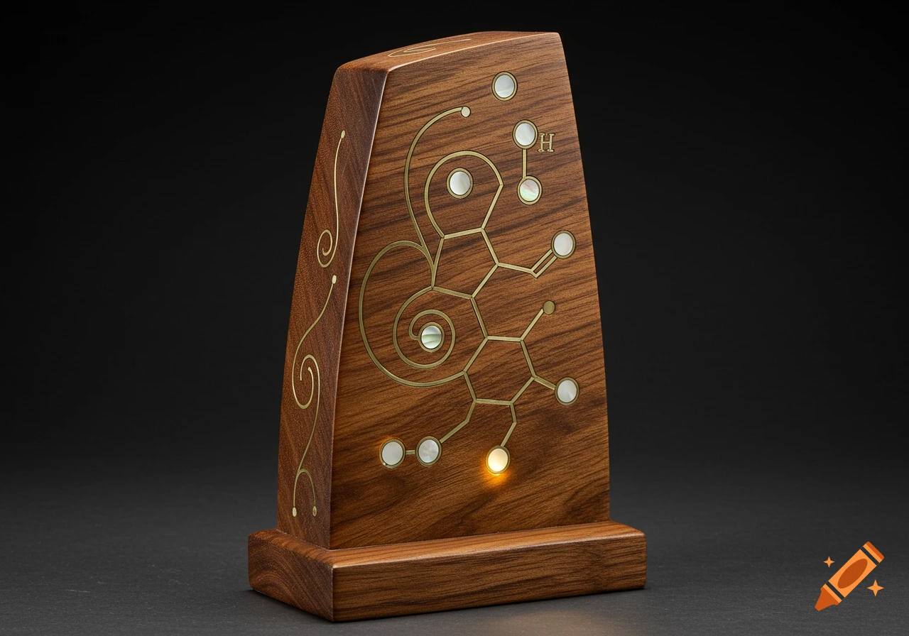 An elegant wooden artifact with brass and mother-of-pearl inlay forming a molecular structure and spirals, with one glowing light. A letter 'H' is visible.