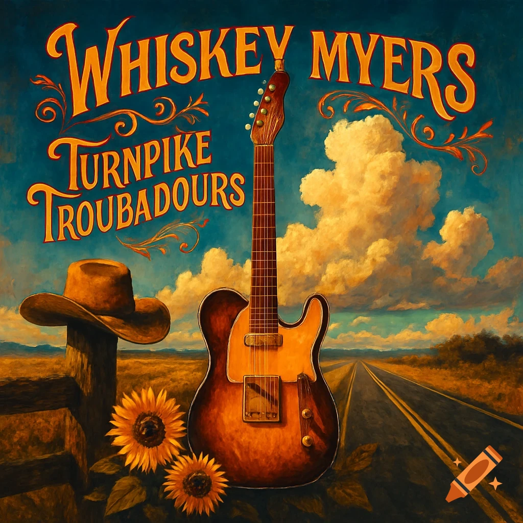 Painterly album cover for Whiskey Myers and Turnpike Troubadours, with a guitar, cowboy hat, sunflowers, and a road.