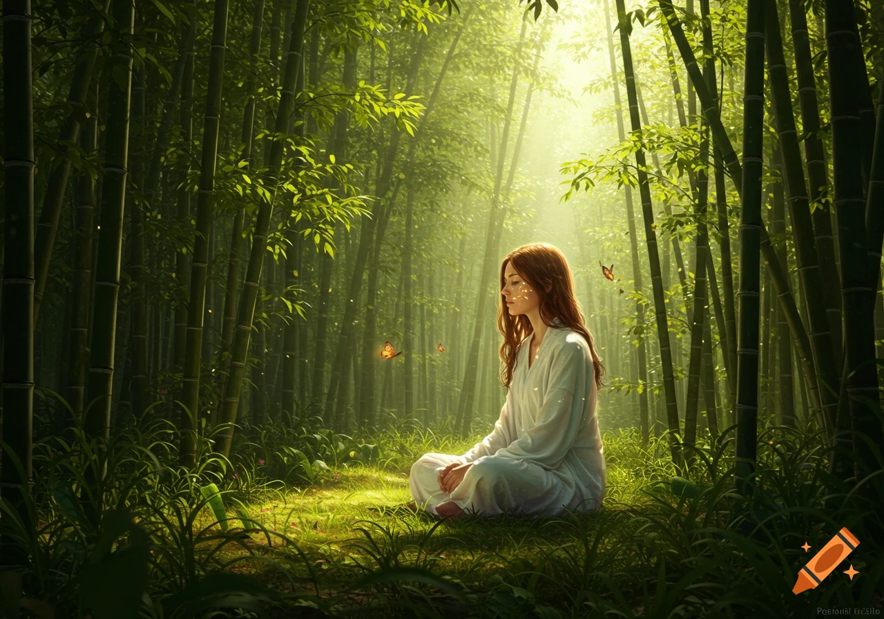 A woman meditates peacefully in a vibrant green bamboo forest, bathed in sunbeams and surrounded by butterflies.
