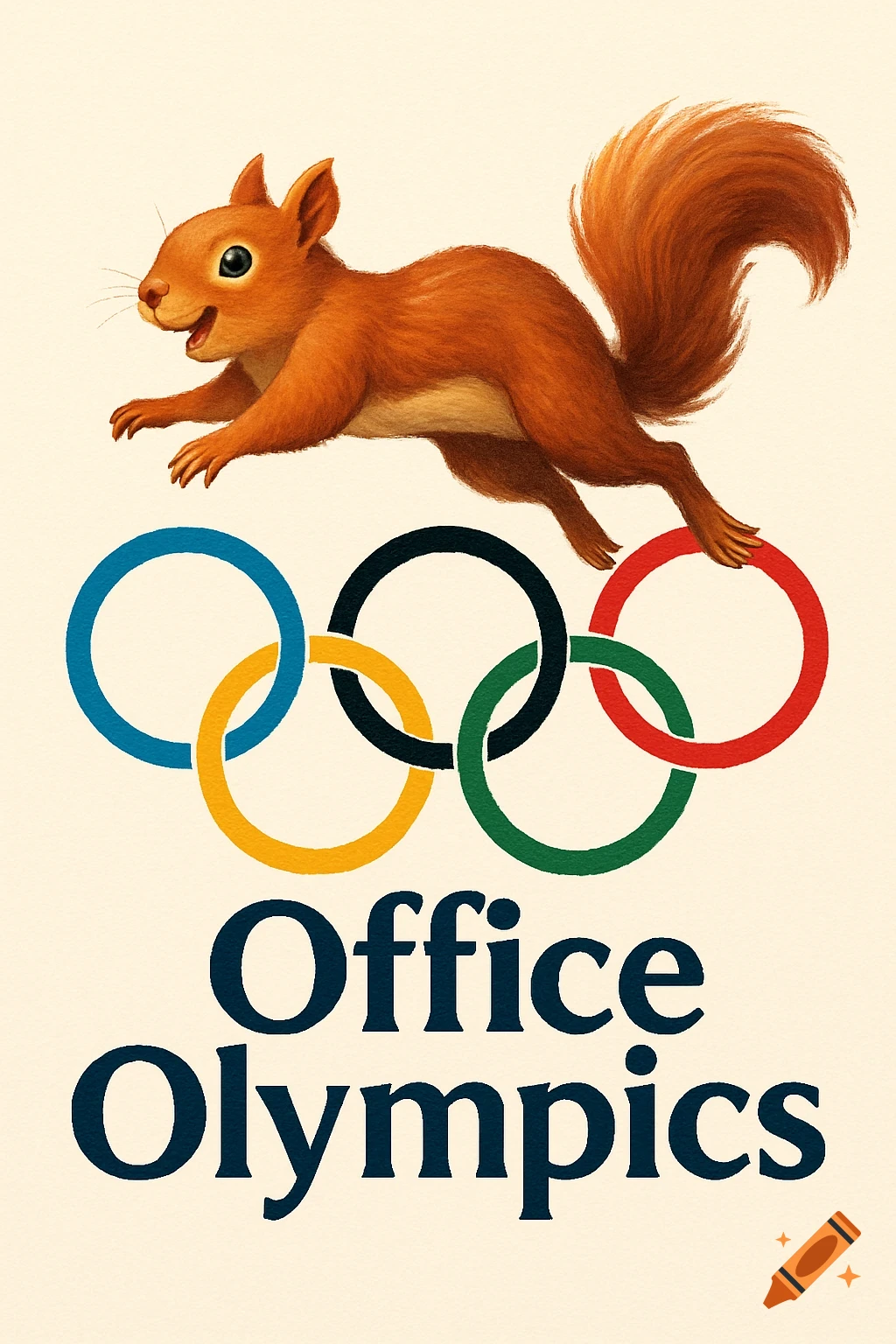 An illustration of a red squirrel leaping over the Olympic rings, with the text 'Office Olympics' below.
