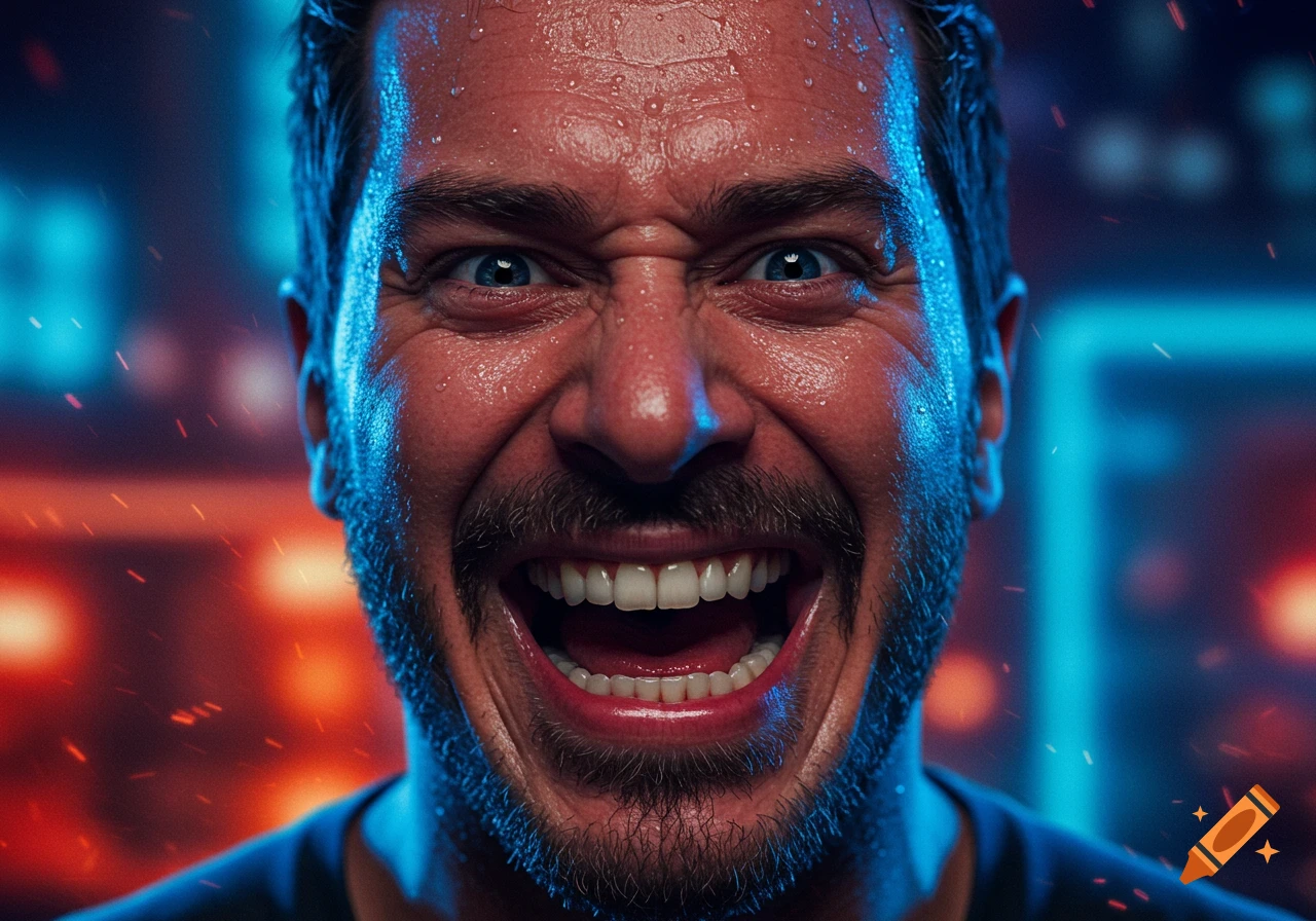 A hyperrealistic close-up portrait of a sweating man with a beard, intensely laughing or screaming, bathed in neon blue light with a blurry background of red and blue lights and sparks.
