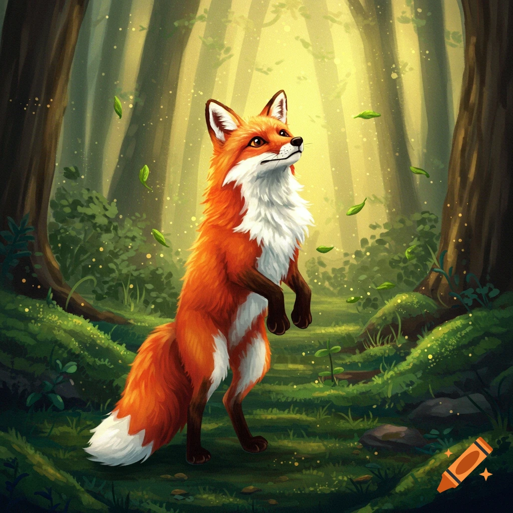 An anthropomorphic orange and white fox stands on its hind legs in a magical, sunlit forest with falling green leaves.