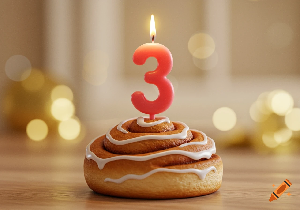 A photorealistic cinnamon roll with white icing, topped with a lit pink number 3 candle, on a wooden surface with blurred bokeh lights.