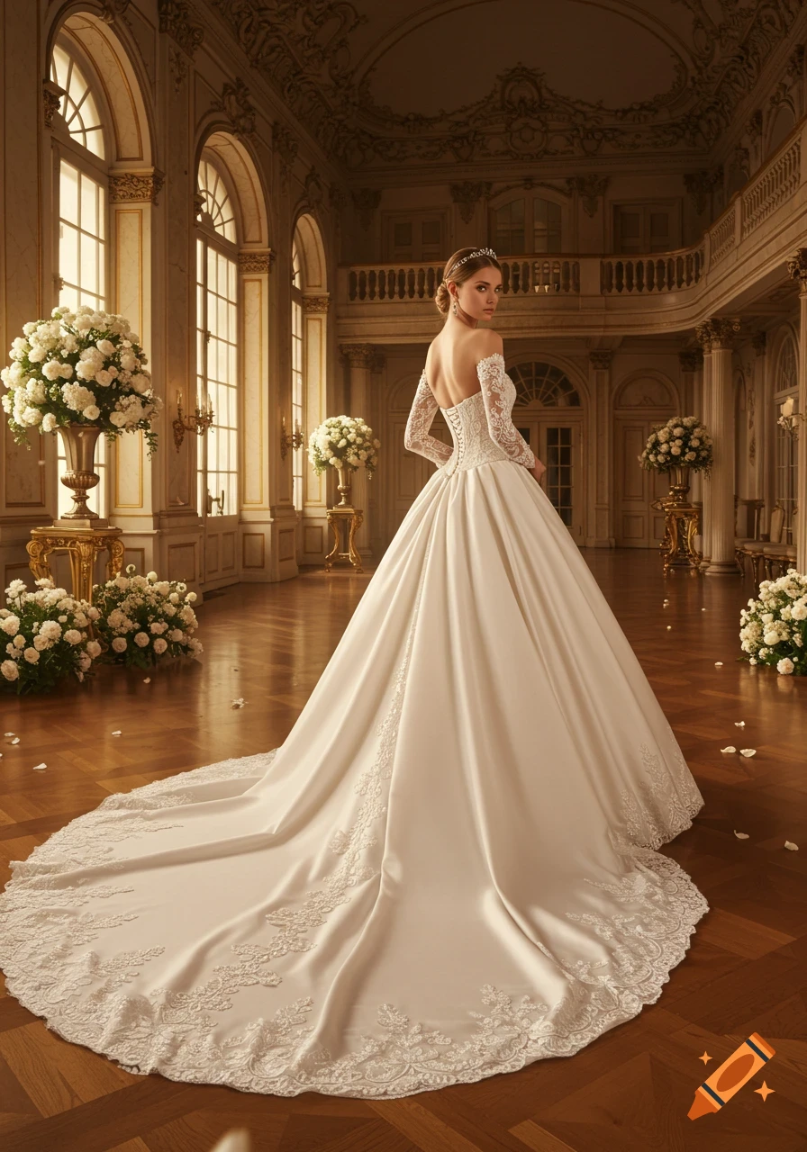 Elegant bride in a white lace wedding dress with a long train stands in a grand ballroom with white roses and golden accents.