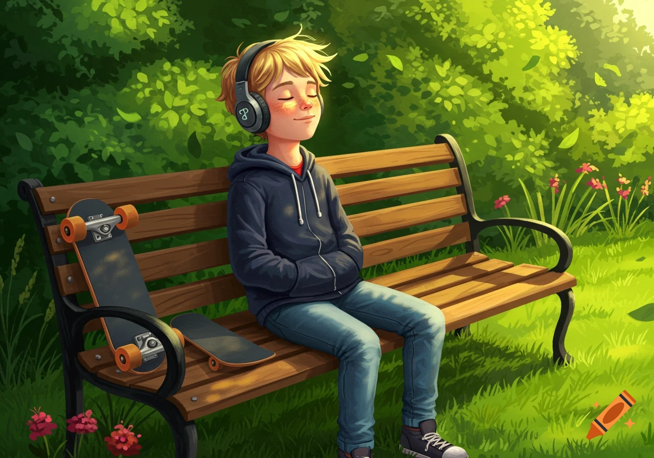 A blonde boy with headphones sits on a park bench next to a skateboard, eyes closed, enjoying music in a vibrant, illustrated style.