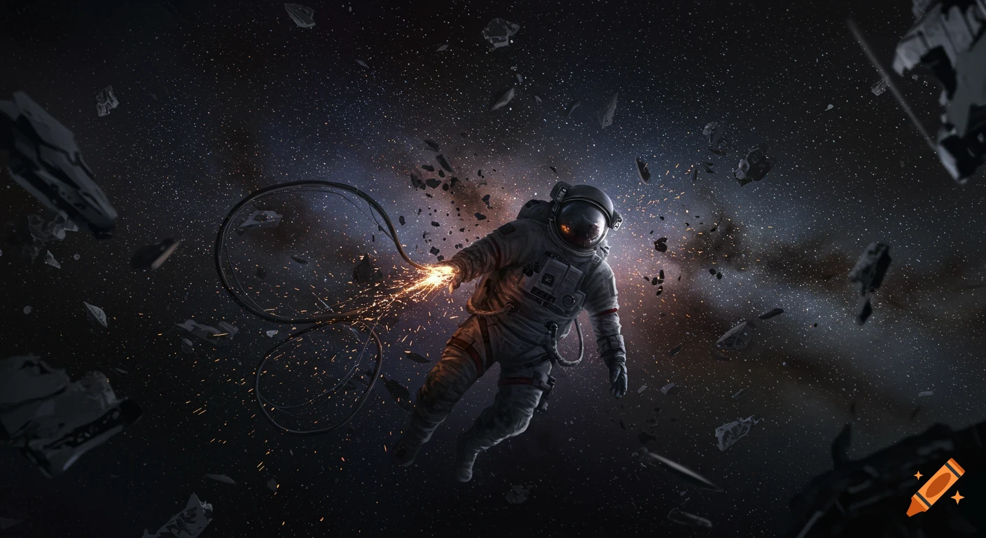 An astronaut floats in dark space, surrounded by sparkling debris and a damaged, sparking hose.