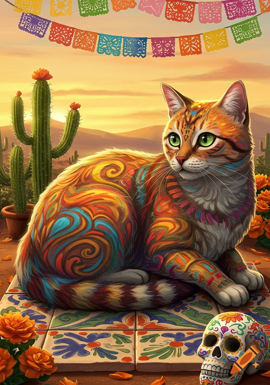 A vibrantly patterned cat with green eyes sits on Mexican tiles surrounded by cacti, marigolds, and a decorated skull.
