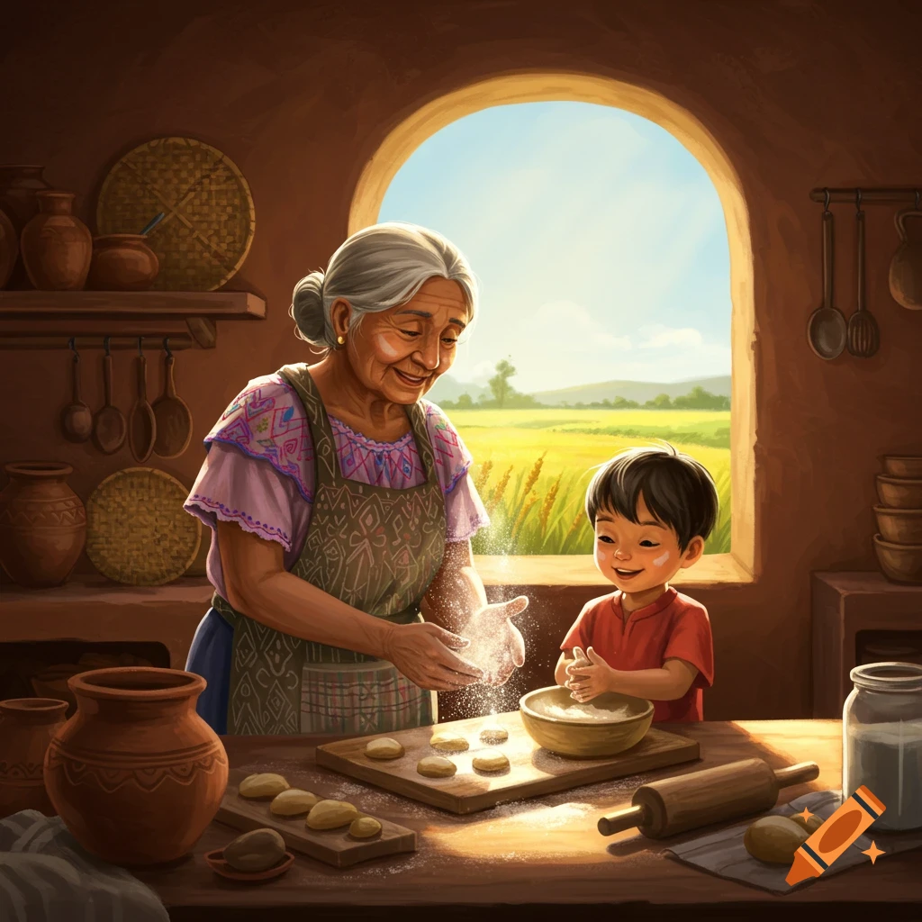An elderly woman and a young boy happily baking together in a warm, rustic kitchen, with flour dusting their hands. Illustration.