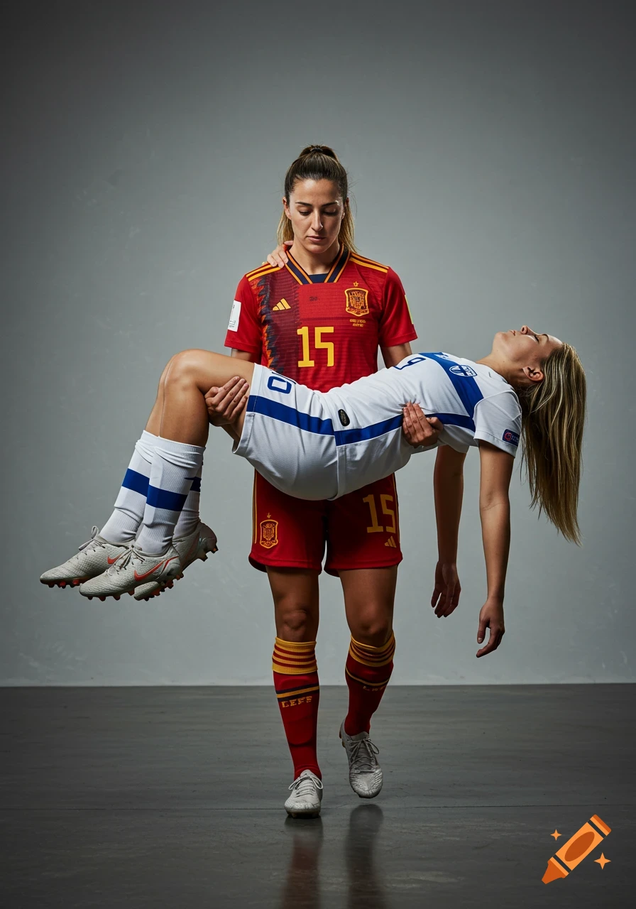 A woman in a red Spanish soccer uniform carries a fainted female teammate in a white uniform against a grey background.