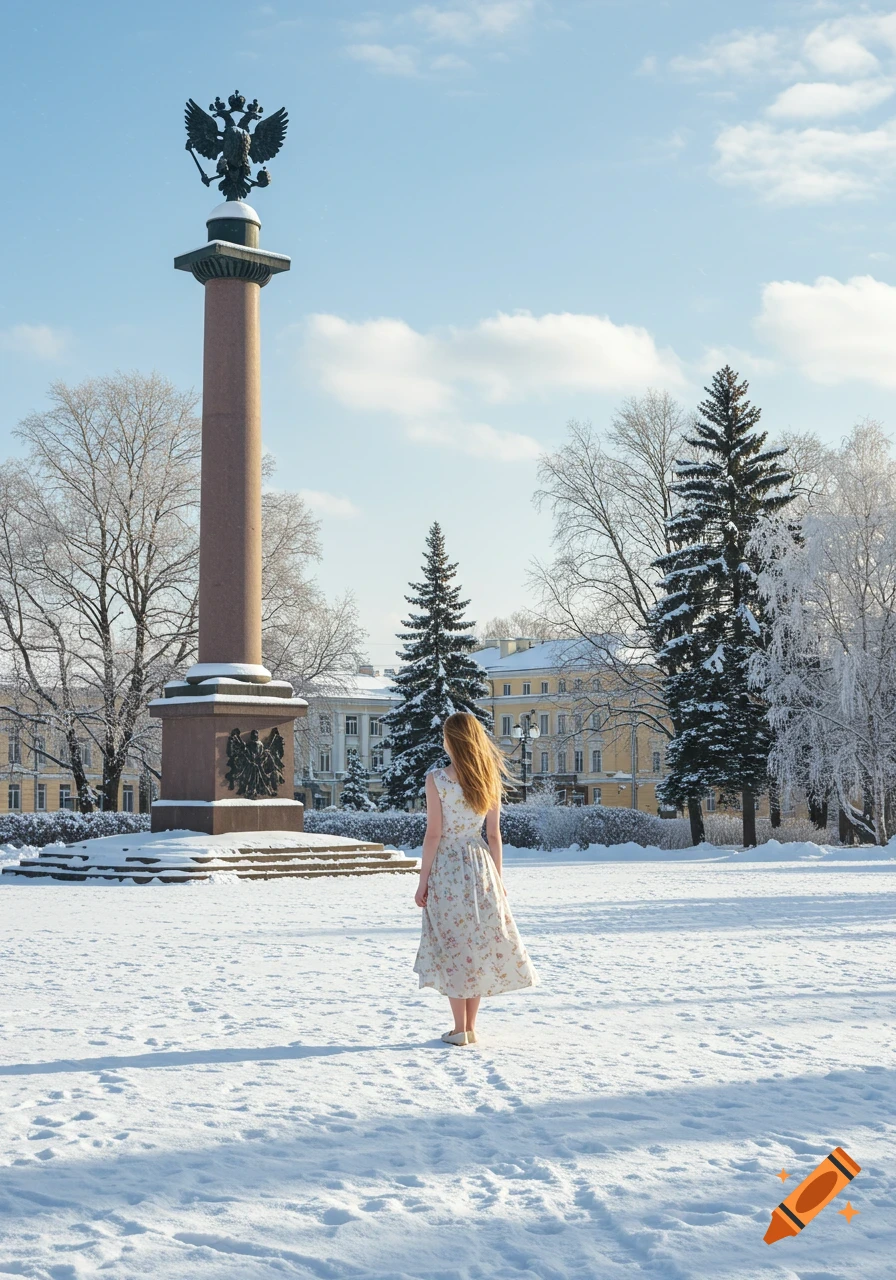 A woman in a white dress stands in a snow-covered park, looking towards a tall monument with a double-headed eagle statue.