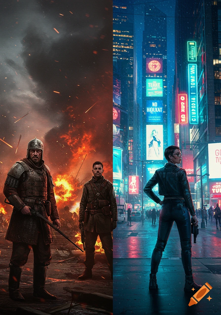 A split image showing a war scene on the left with two armored men against fire and smoke, and a futuristic cyberpunk city on the right with a woman holding a gun in the neon-lit street.