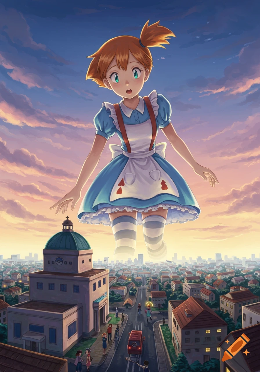 Anime illustration of giant Misty from Pokémon in an Alice costume floating over a city at sunset.