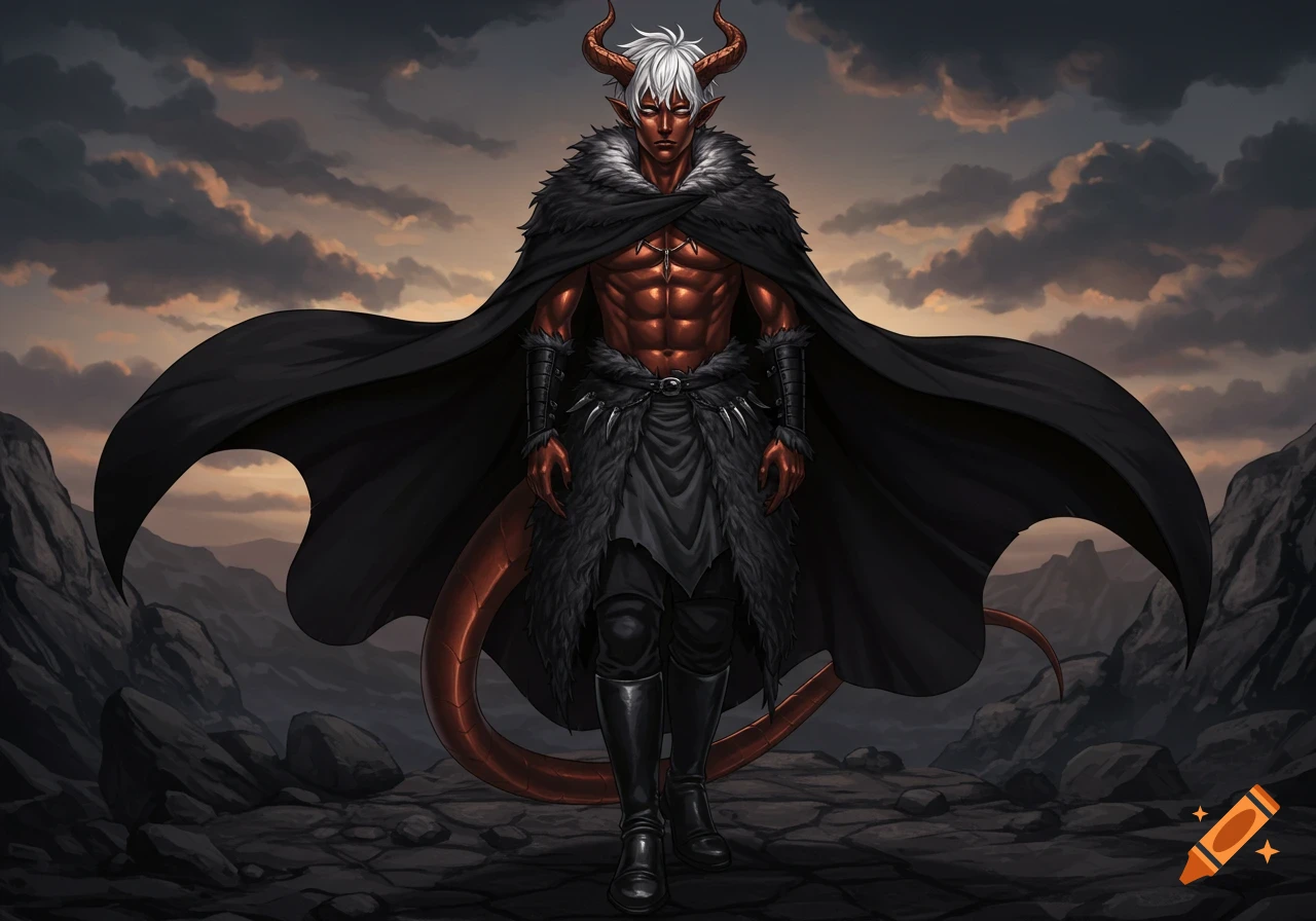 A powerful, red-skinned half-dragon character with white hair and horns, wearing a black fur cloak, stands against a stormy sky.
