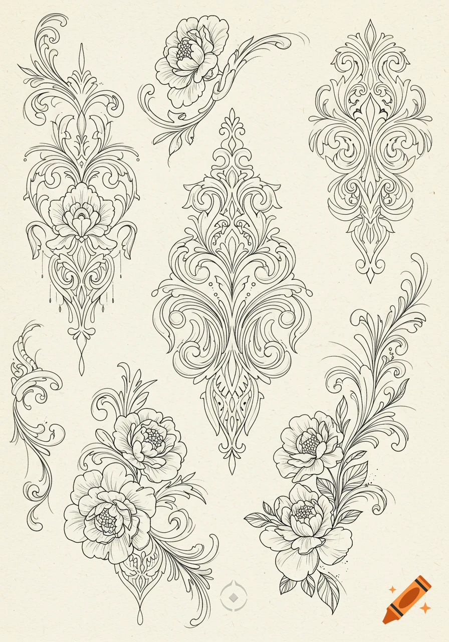 A collection of black and white line art tattoo designs featuring ornate flowers and intricate filigree on a light textured background.