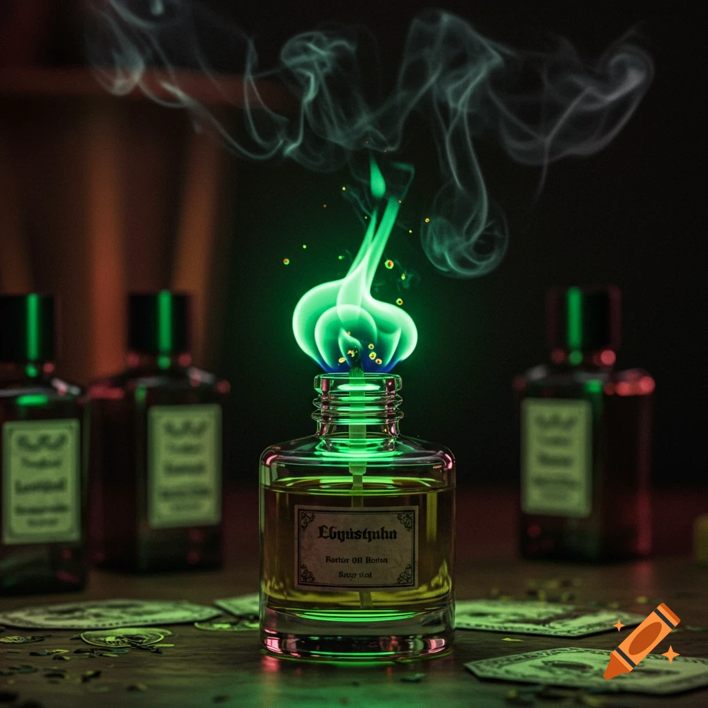 A clear glass bottle of golden perfume oil with a vibrant green, smoke-emitting flame rising from its opening, set on a dark wooden table with blurred bottles and scattered cards in the background.